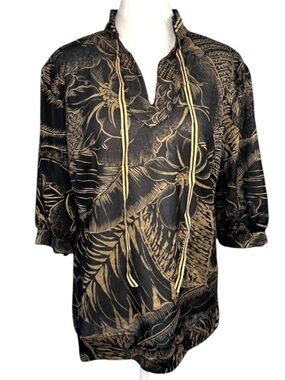 Vintage Added Dimensions Black Gold Floral Blouse Semi Sheer Tassel Medium